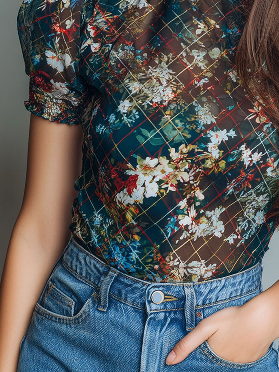 Vintage High Neck Puff Sleeve Sheer Floral Mesh Blouse