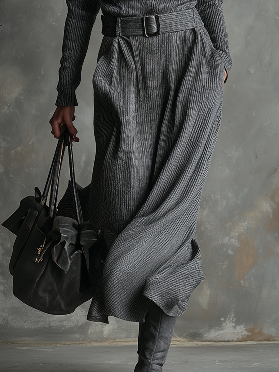 Retro Pocket Stand Collar Knit Midi Dress