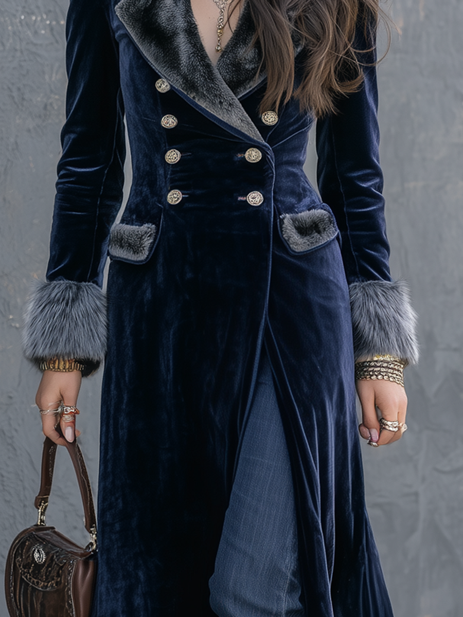Retro Eco-friendly Fur Collar Velvet Coat
