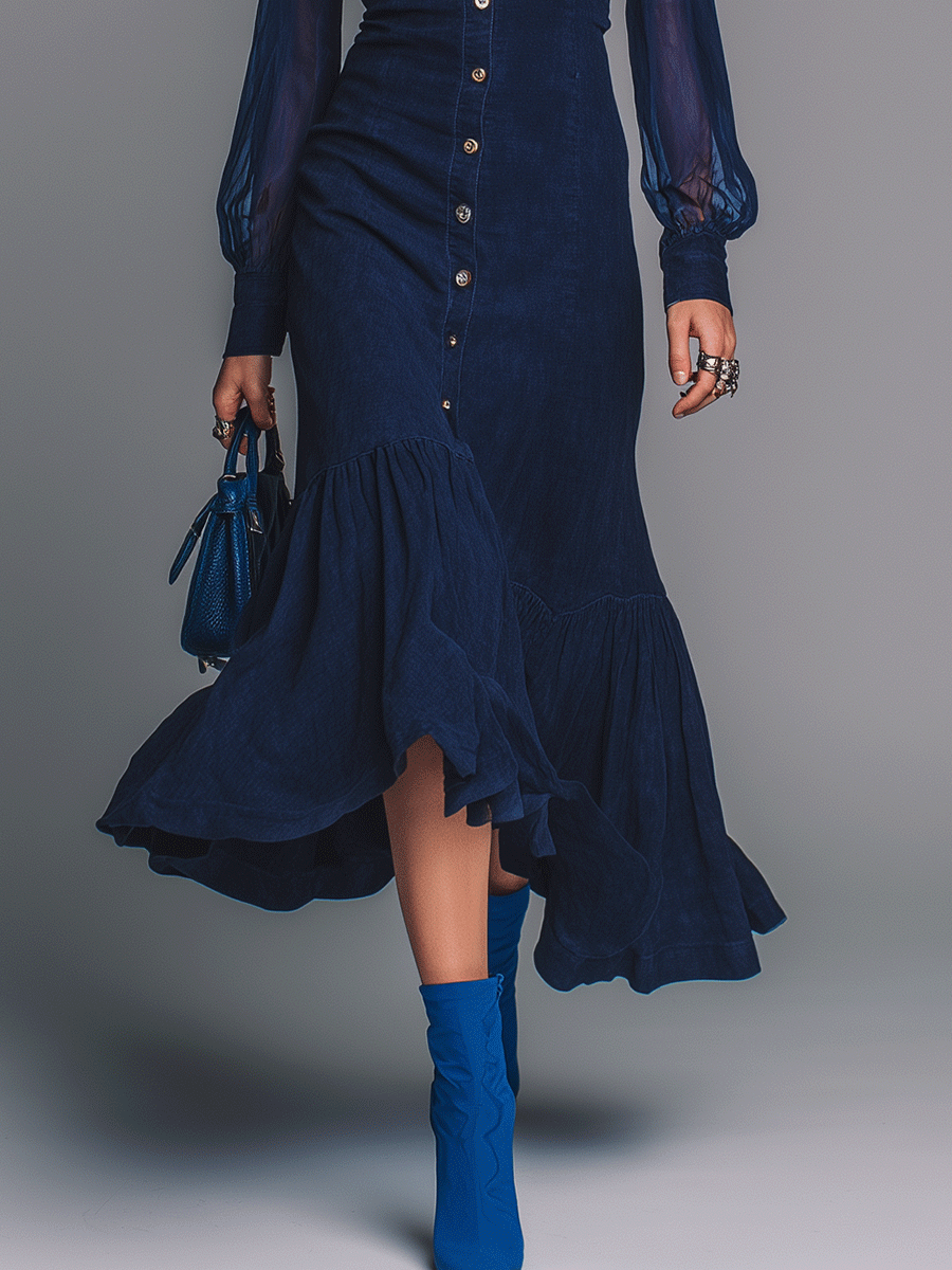 Vintage Navy Velvet Button-Down Flounce Hem Midi Dress