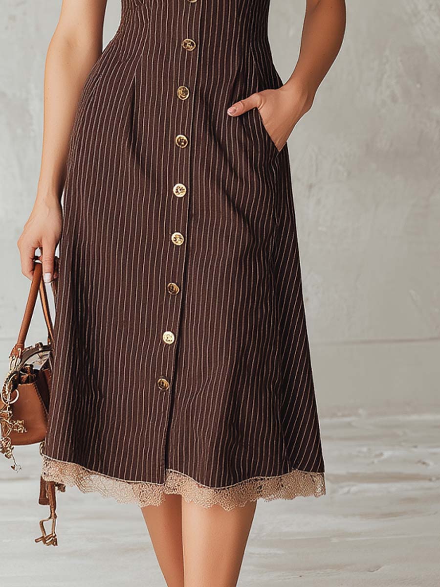 Vintage-style Striped Lace Trim Midi Dress