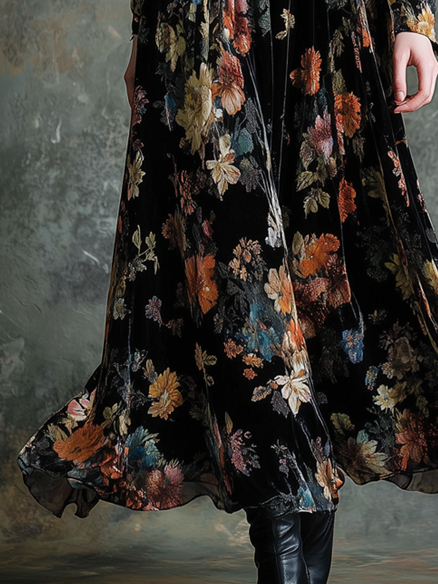 Retro Floral Round V Neck Velvet Midi Dress