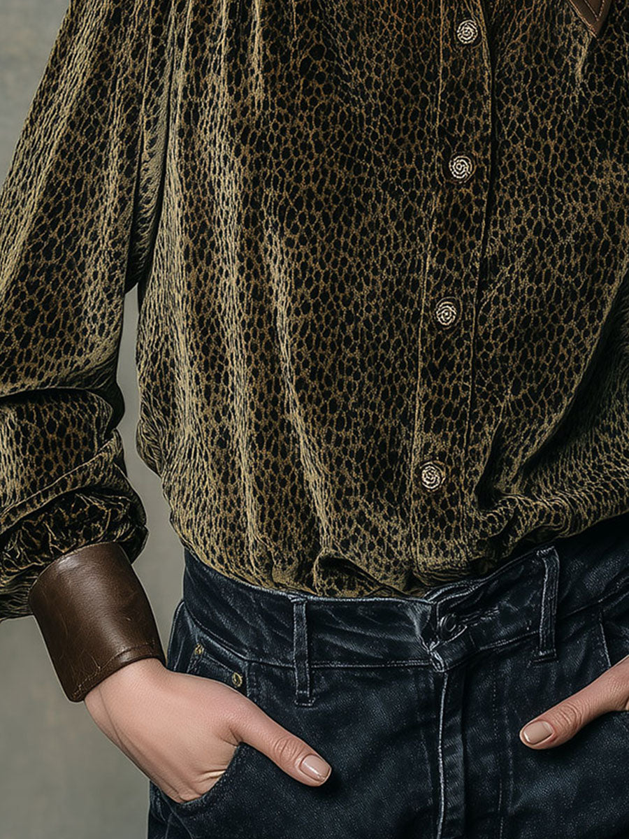 Vintage Leather Collar & Cuffs Leopard Print Velvet Button-Up Shirt