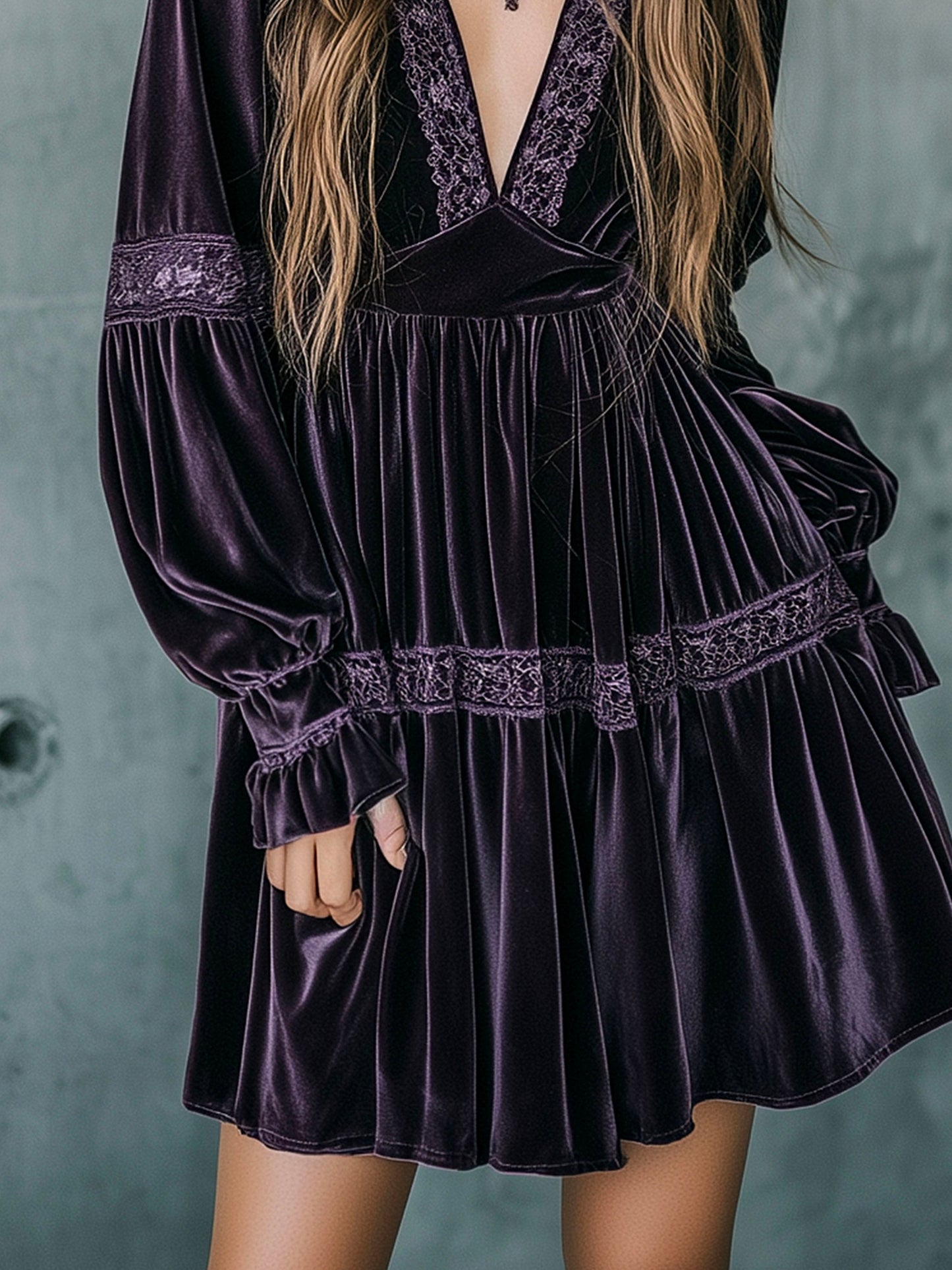 Vintage Deep Purple Velvet Mini Dress With Lace Trim