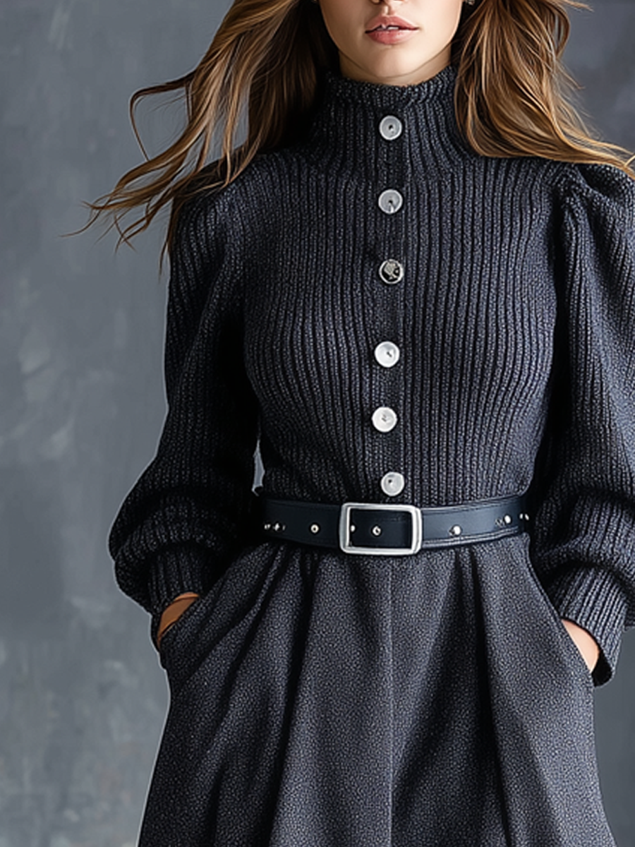 Retro High Collar Button Pocket Knitted Midi Dress