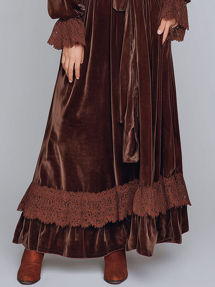 Retro Gold Velvet Lace Splicing Maxi Dress With Belt