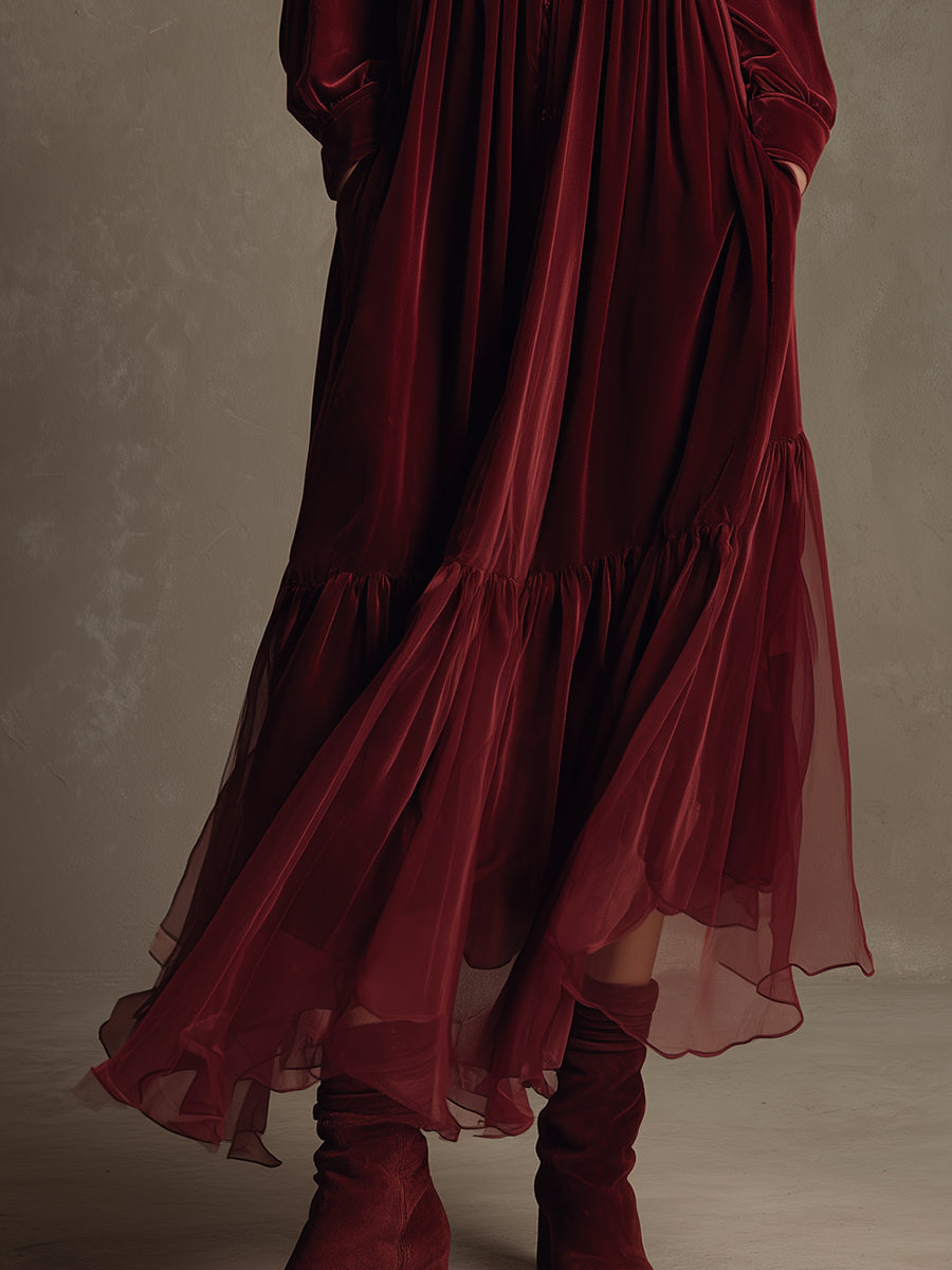 Quiet Luxury Velvet Embroidered Chiffon Ruffled Hem Maxi Dress