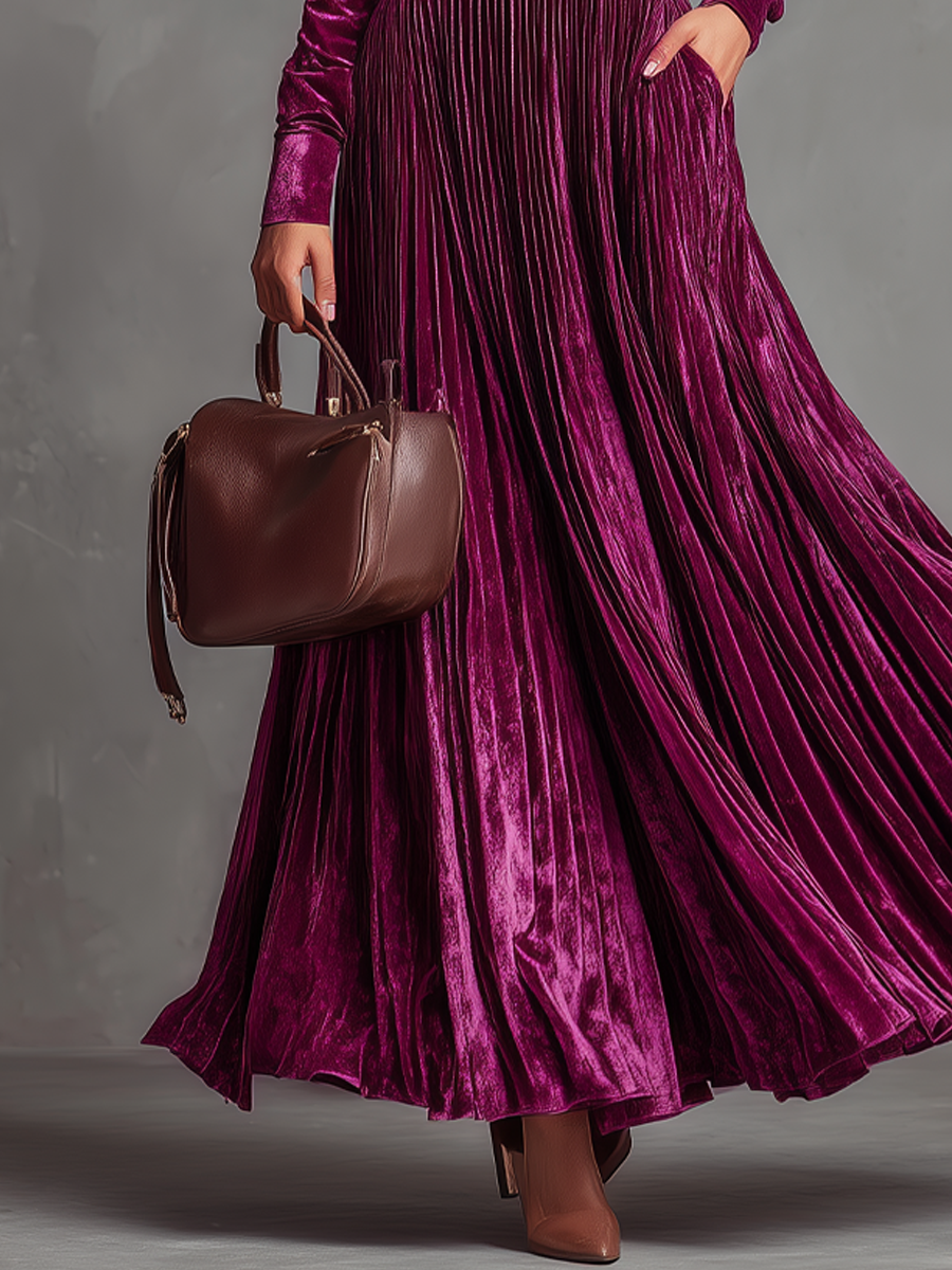 Retro Cross V-neck Pleated Velvet Maxi Dress