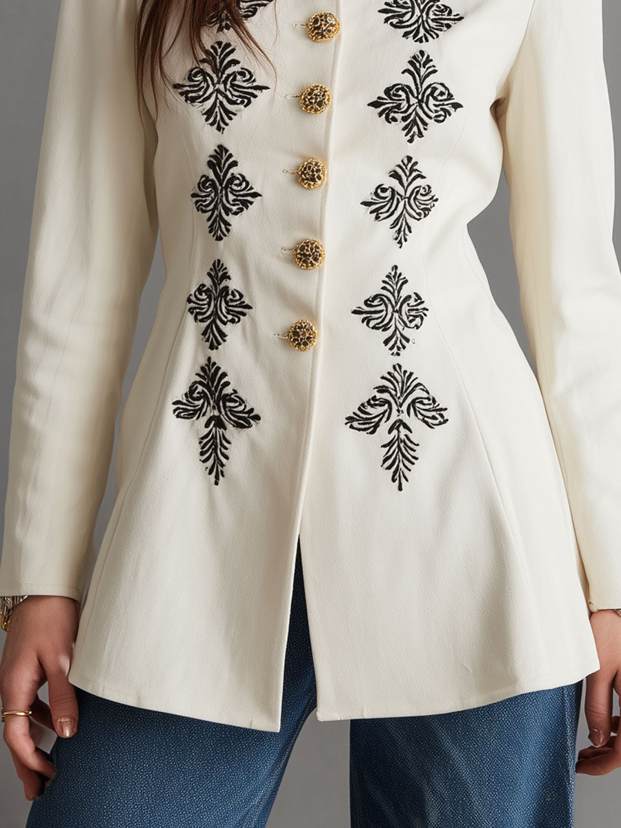 Vintage Stand Collar Mid-length Jacket With Embroidered Metal Buttons