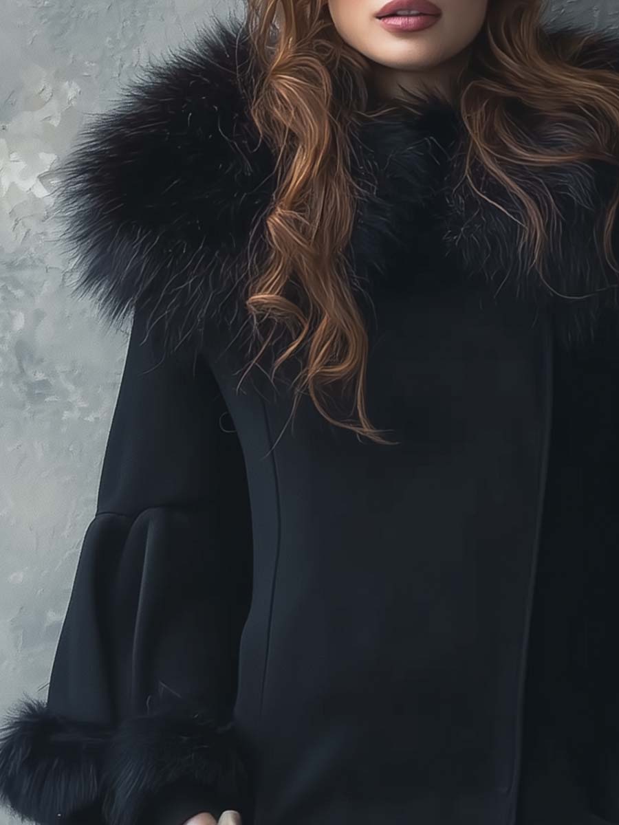 Black Wool-Blend Maxi Coat With Detachable Fur Collar