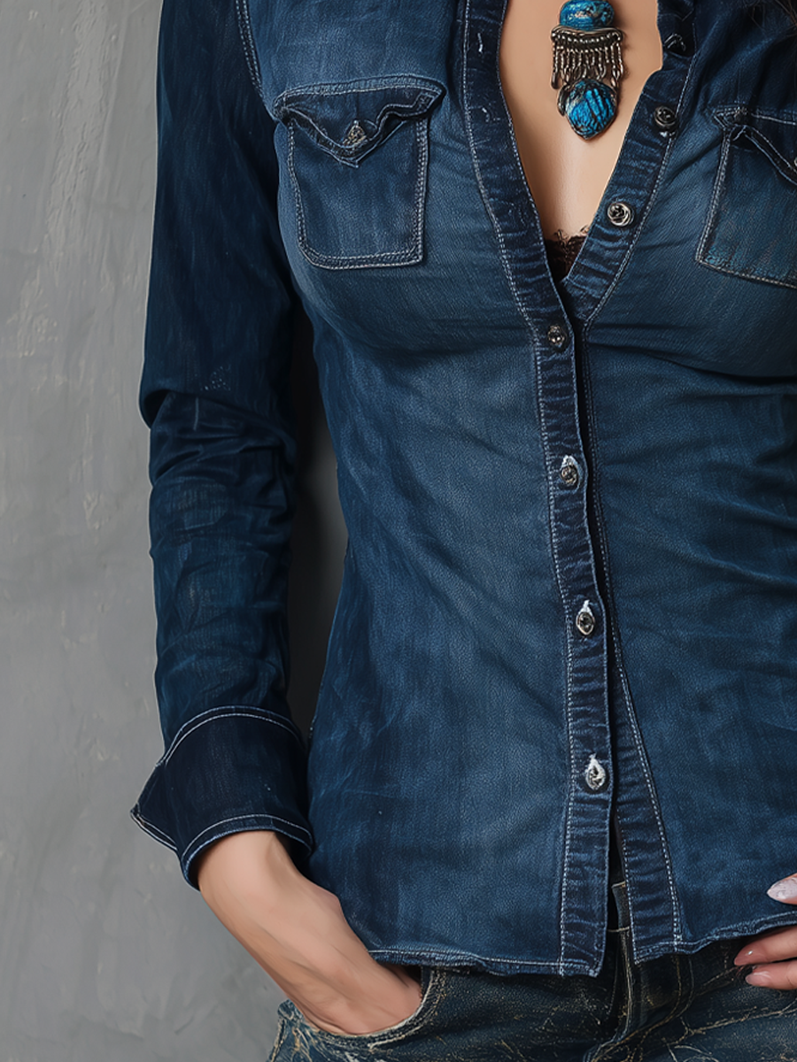 Retro Contrast Stitching Washed Long Sleeve Blouse
