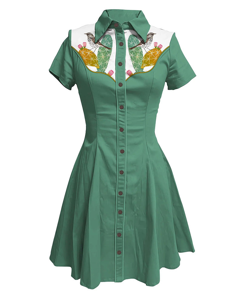 Bird And Cactus Lapel Shirt Dress