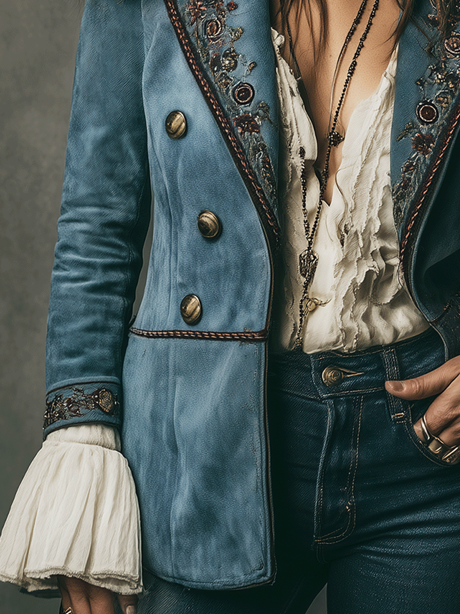 Vintage Blue Embroidered Faux Suede Fur Collar Jacket