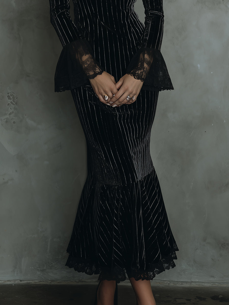 Quiet Luxury Striped Polyester Velvet Lace Cuffs Fishtail Midi Dress