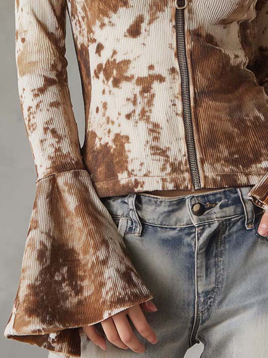 Leather-printed Bell-sleeve Ribbed Knit Shirt