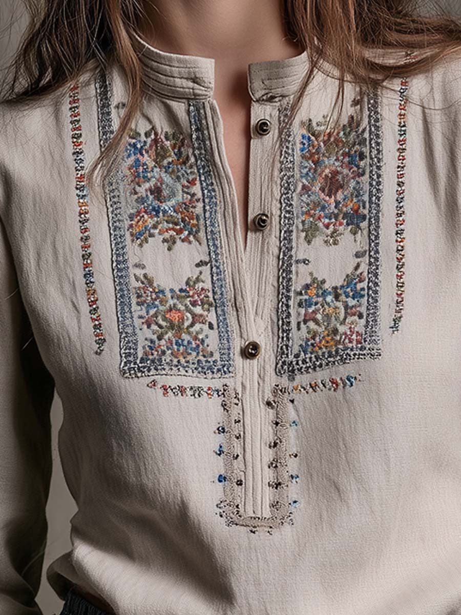 Vintage Embroidered Boho Linen Blouse