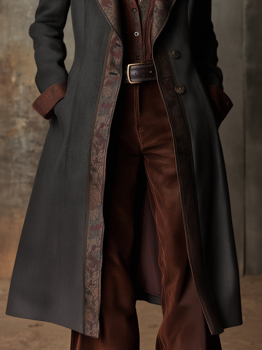 Retro Woolen Vintage Pattern Patchwork Mid-length Coat