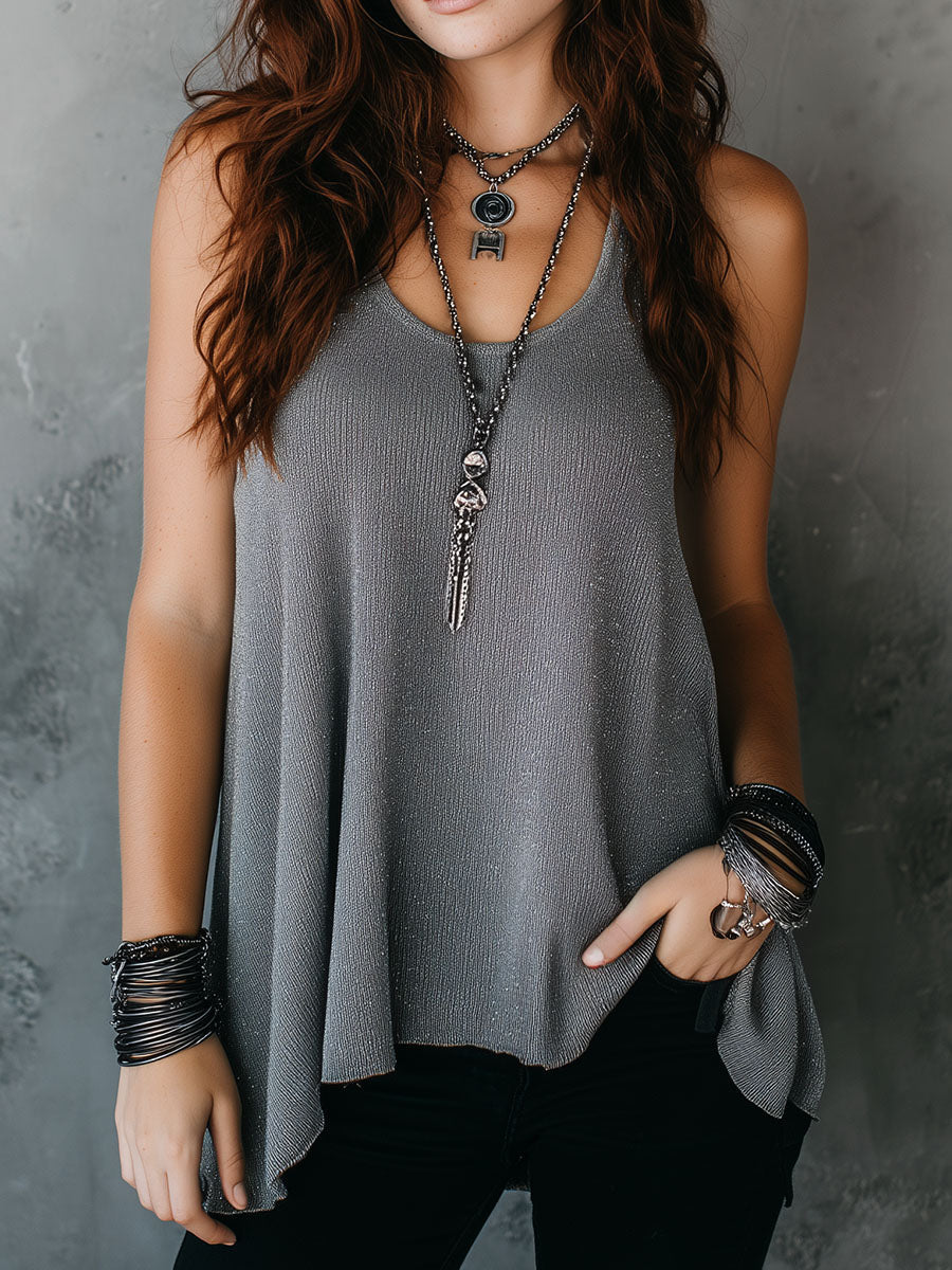 Silver Grey Shimmer Sleeveless Relaxed Fit Flowing Tank Top