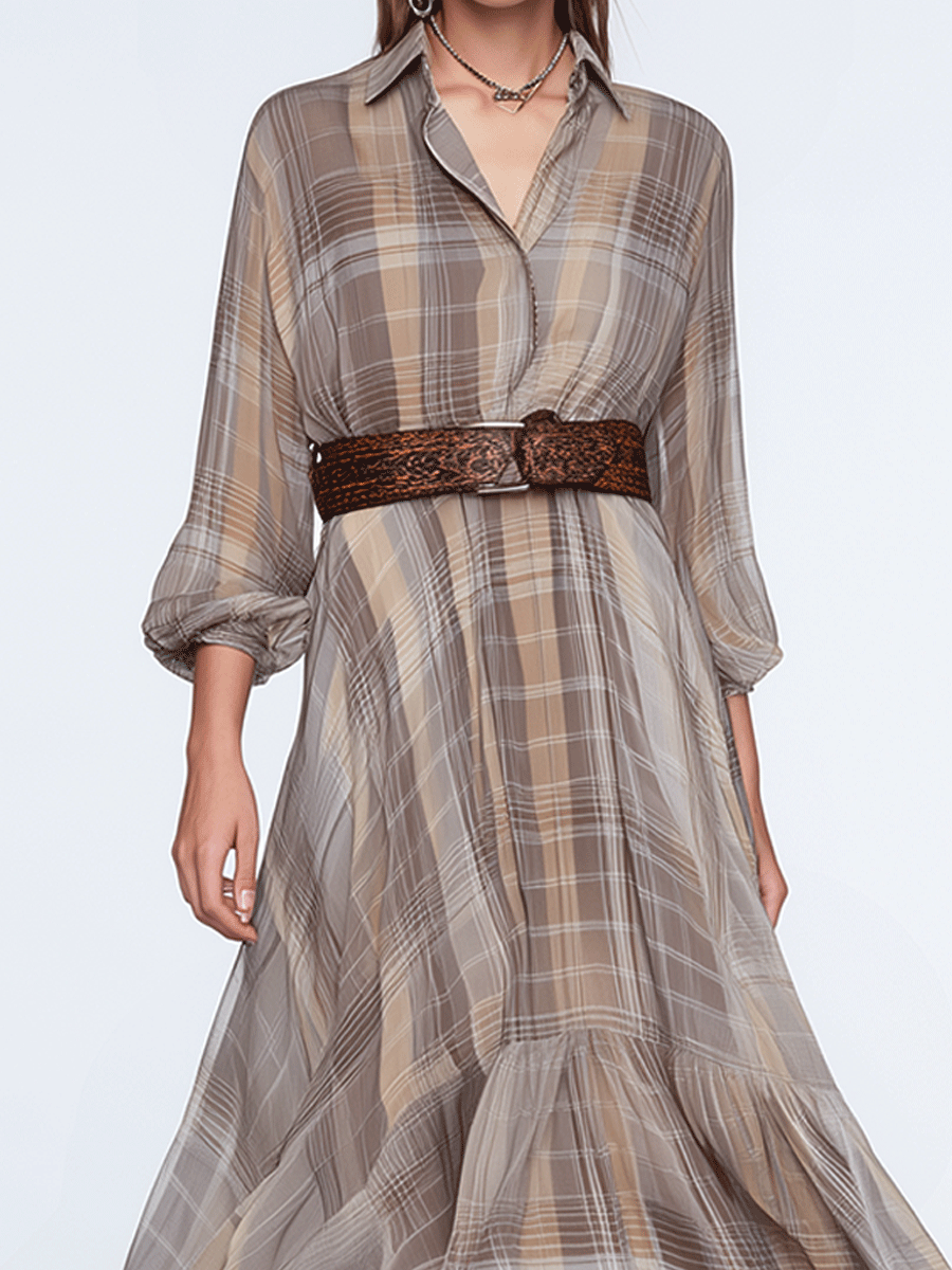 Elegant Light Grey Plaid Maxi Dress