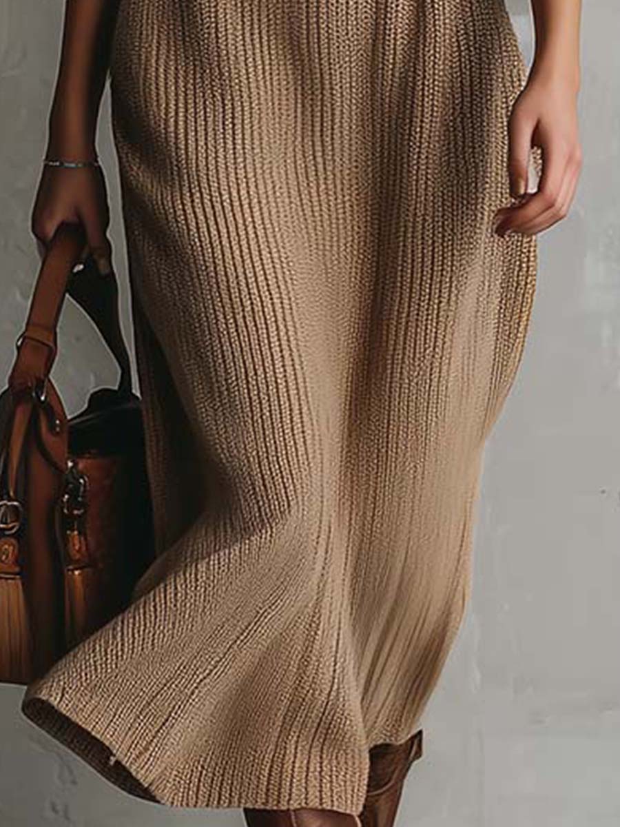 Vintage Camel Knit Turtleneck Midi Dress
