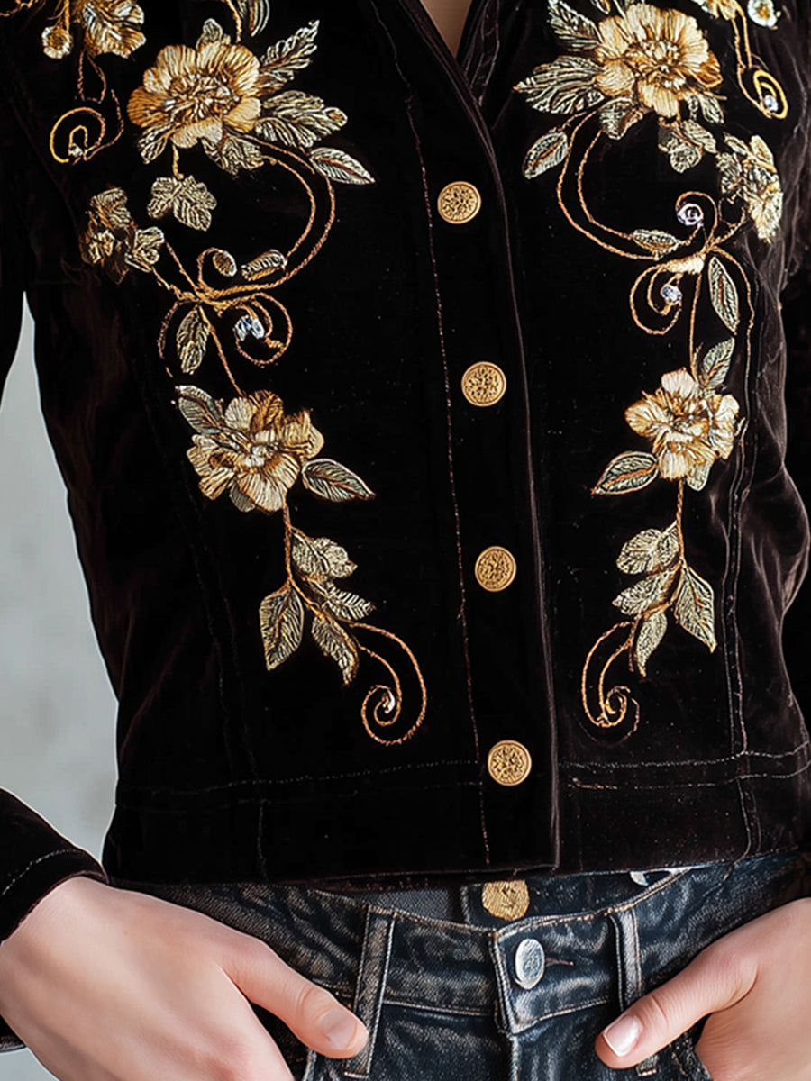 Retro Baroque Floral Embroidered Dark Brown Velvet Jacket