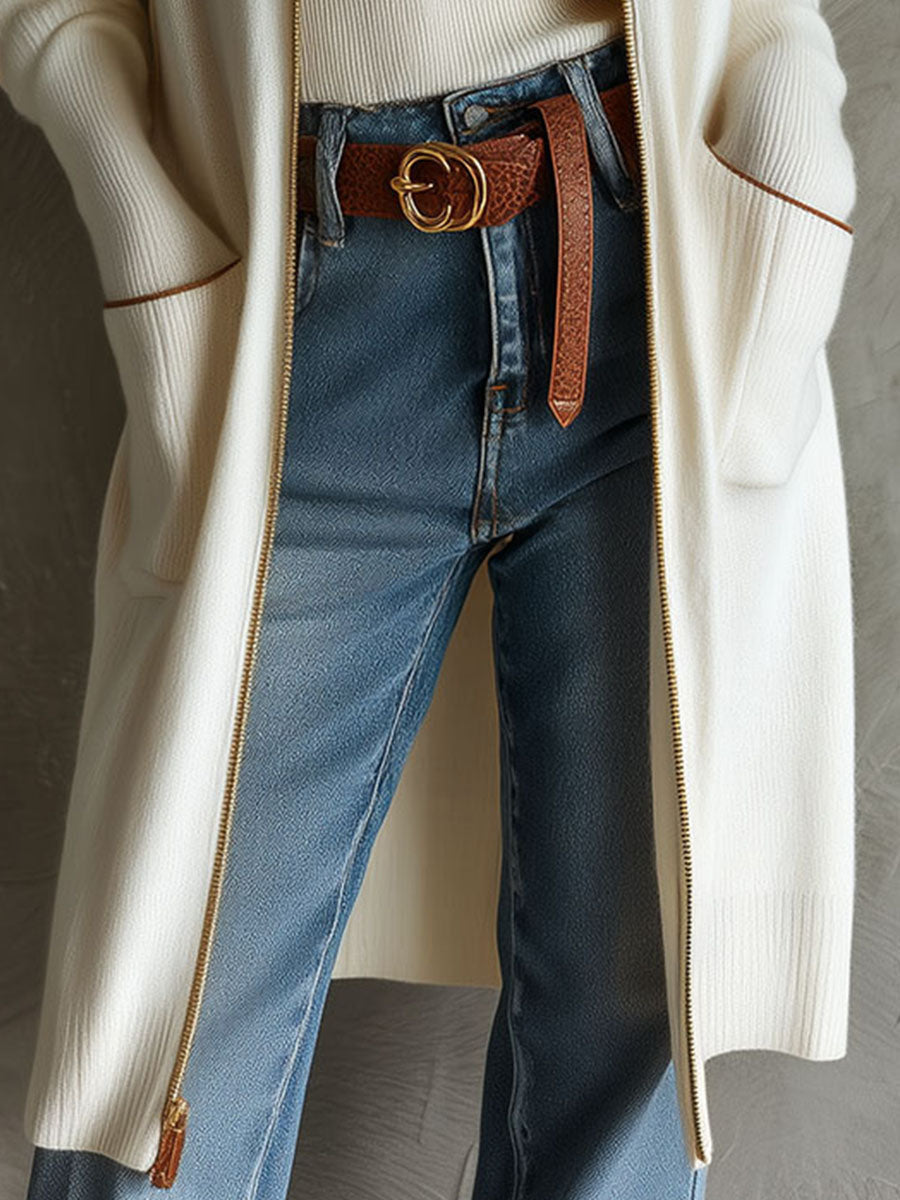 Cozy Front Zip Long Knit Sweater Coat With Pockets