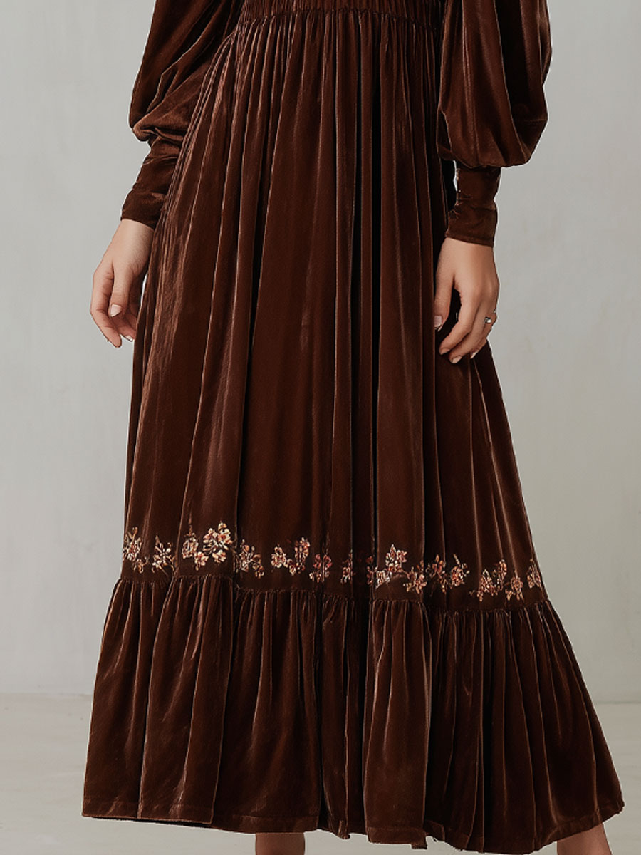 Retro Corduroy Embroidered Maxi Dress