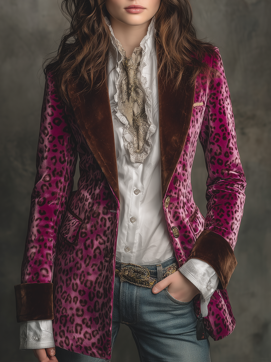 Vintage Leopard Print Polyester Velvet Blazer