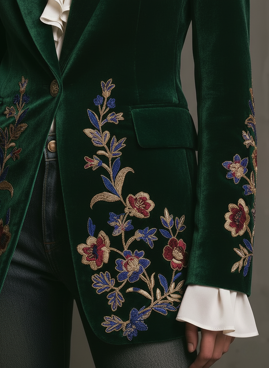 Elegant Embroidered Emerald Velvet Blazer