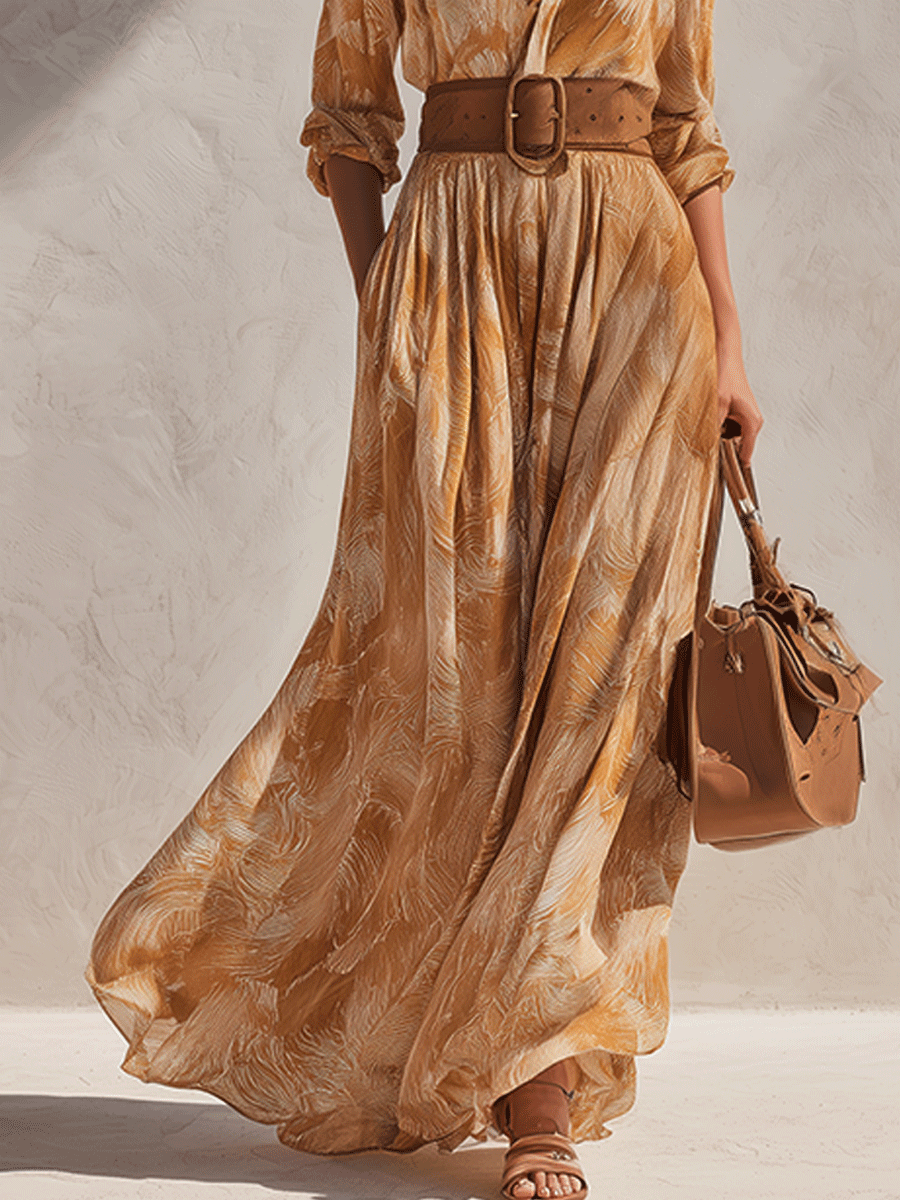 Bohemian Amber Print Flowy Belted Shirt Maxi Dress