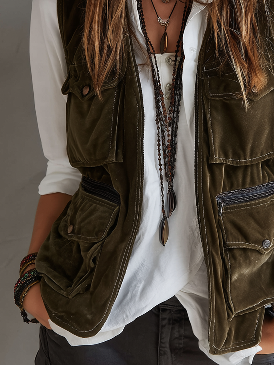 Vintage Multi-Pocket Velvet Vest