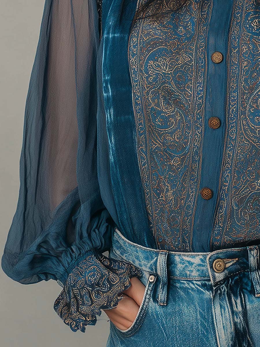 Vintage Bohemian Chiffon Printed Blouse With Lace Trim