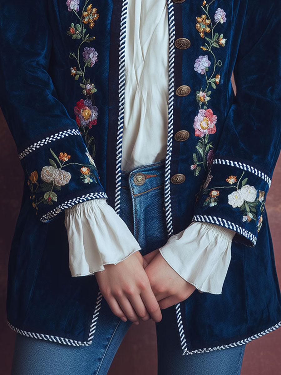 Vintage Floral Boho Embroidered Microsuede Long Jacket