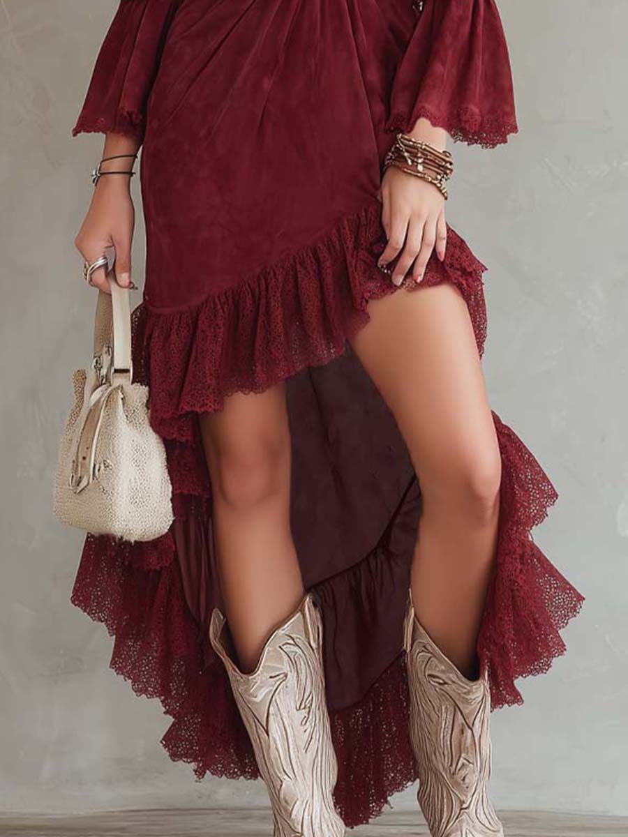 Vintage-style Irregular Hem Lace Trim Polyester Suede Midi Dress