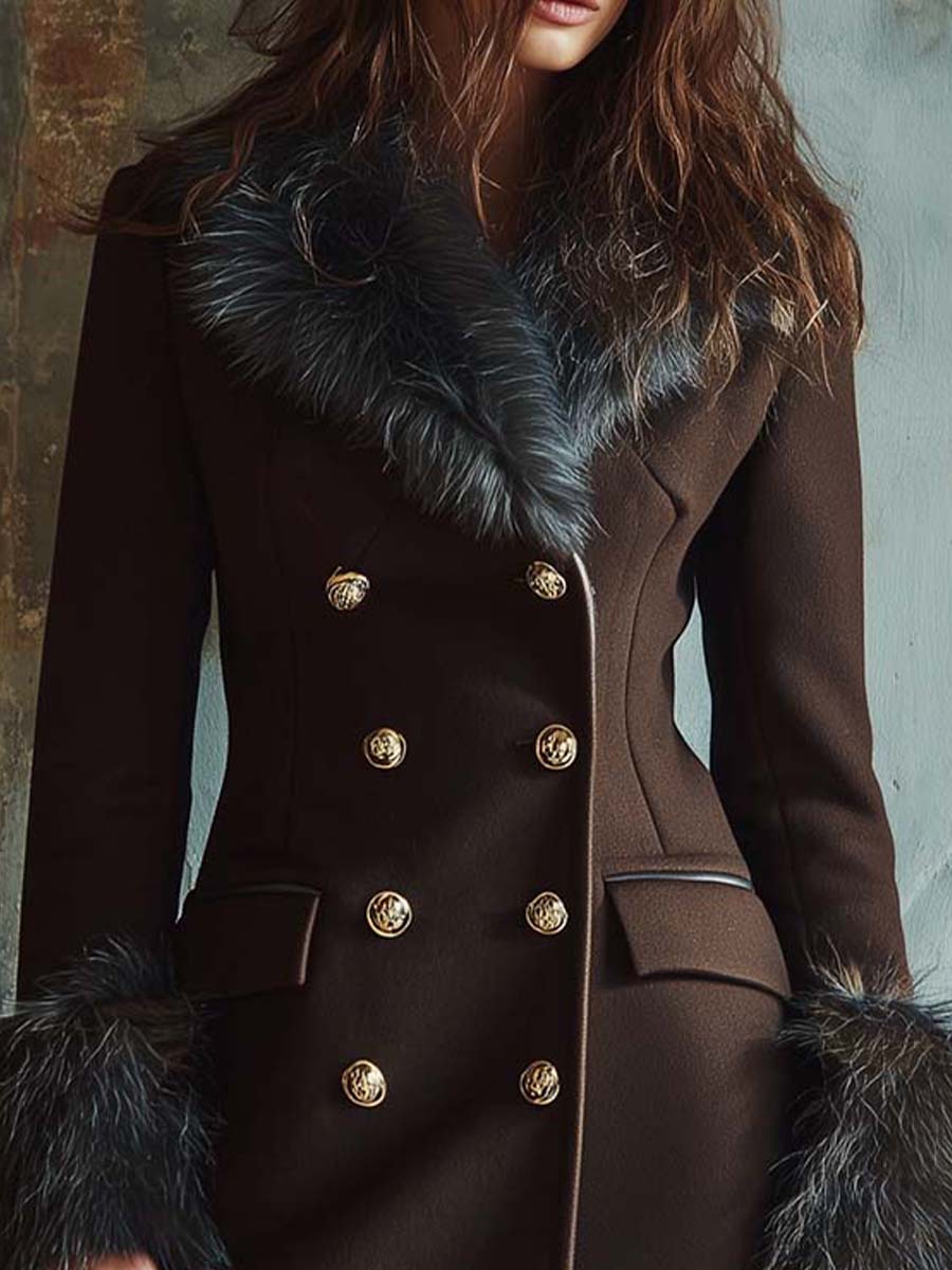Espresso Brown Wool Blend Long Coat With Faux Fur Collar