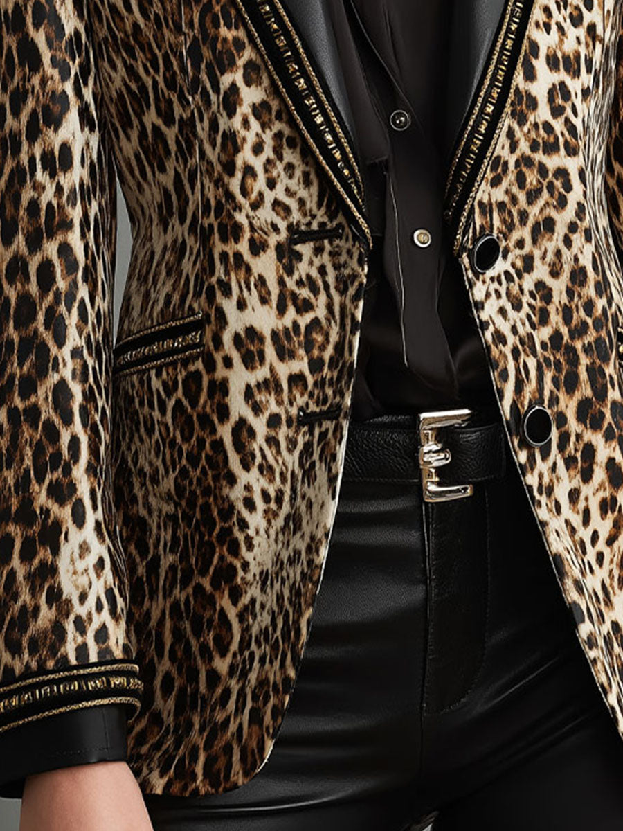 Vintage Eco Leather Lapel Leopard Pattern Velvet Blazer With Gold Trim