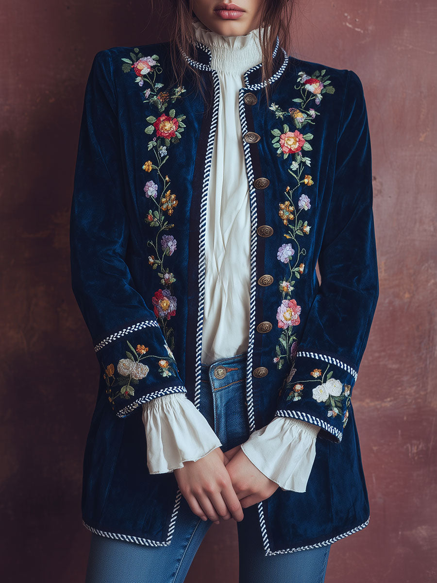 Vintage Floral Boho Embroidered Microsuede Long Jacket