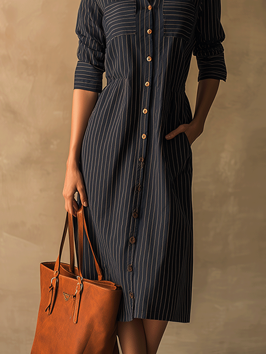Classic Lapel Button Fit Striped Midi Dress