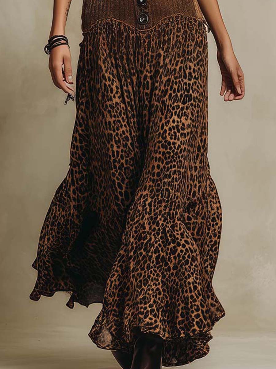 Boho Knit & Chiffon Leopard Maxi Dress