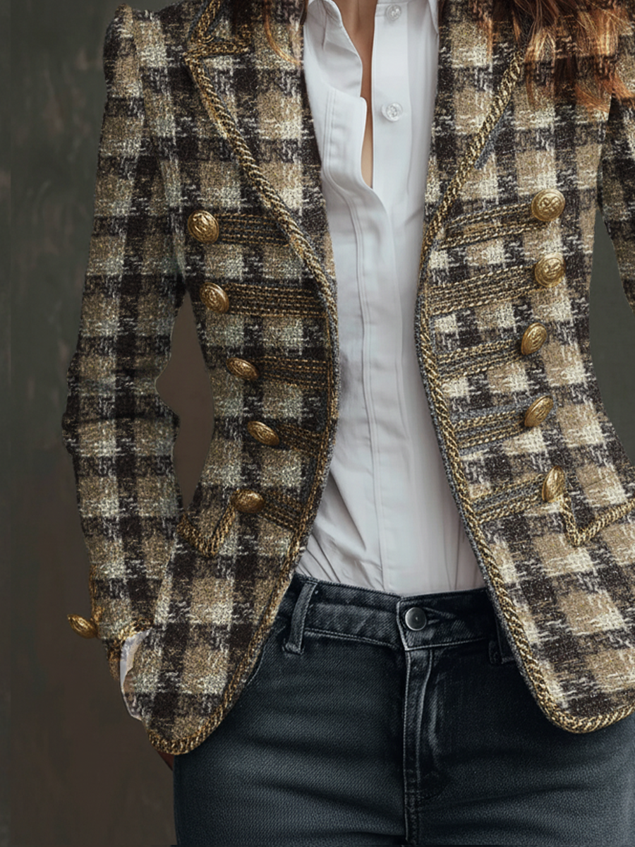 Retro Plaid Tweed Military Style Blazer
