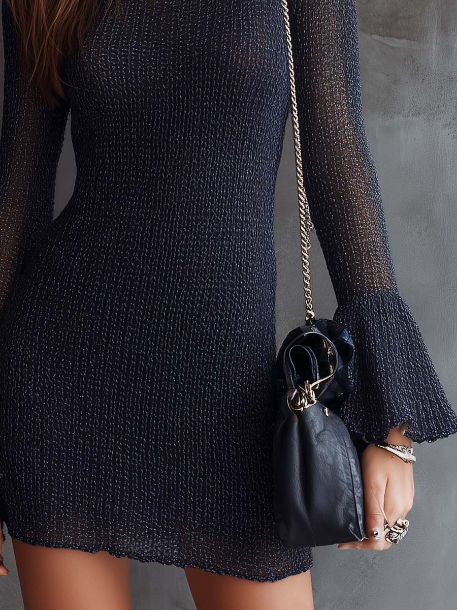 Retro Round-neck Flared Cuffs Knitted Mini Dress