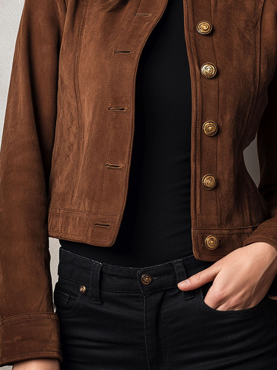 Vintage Military-Inspired Suede Short Jacket With Gold Buttons