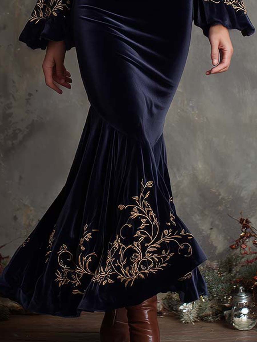 Navy Embroidered Velvet Mermaid Dress