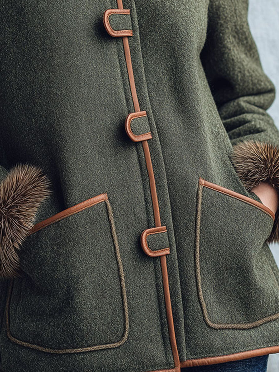 Vintage Wool-Blend Mid-Length Coat With Eco Fur Collar And Cuffs