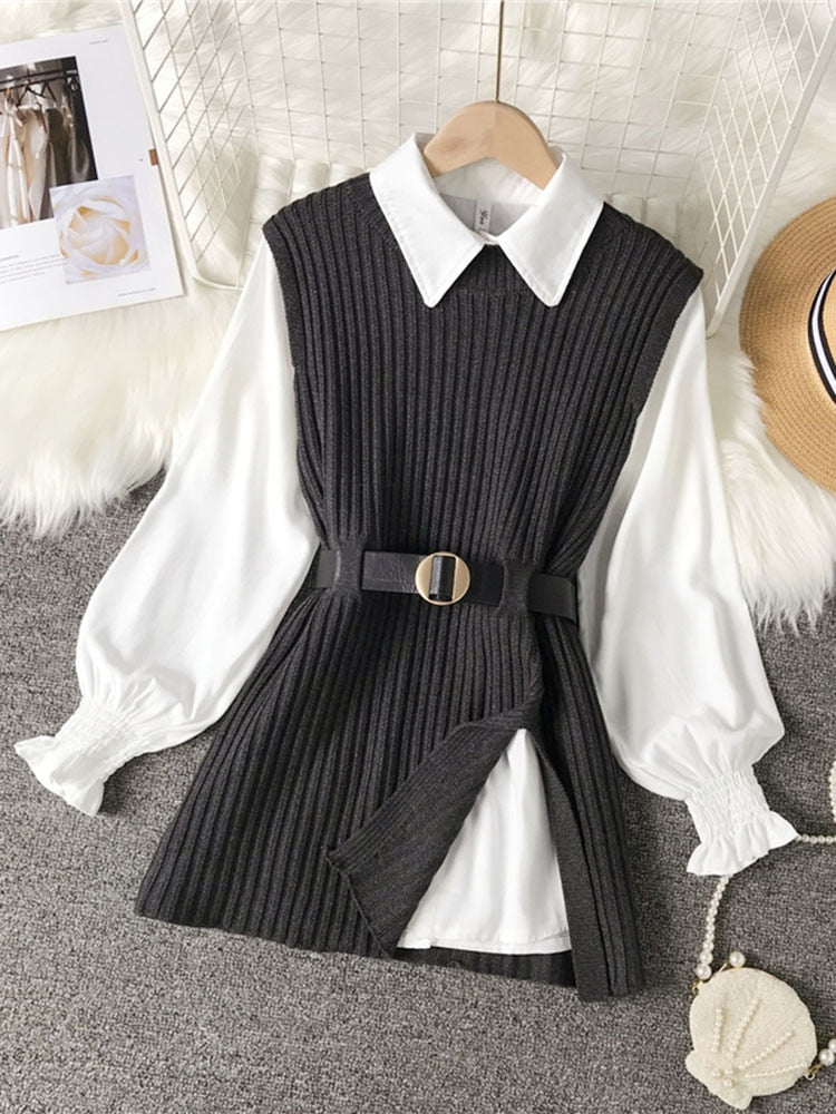 spring autumn women's lantern sleeve shirt knitted vest two piece sets of College style waistband vest two sets top UK900