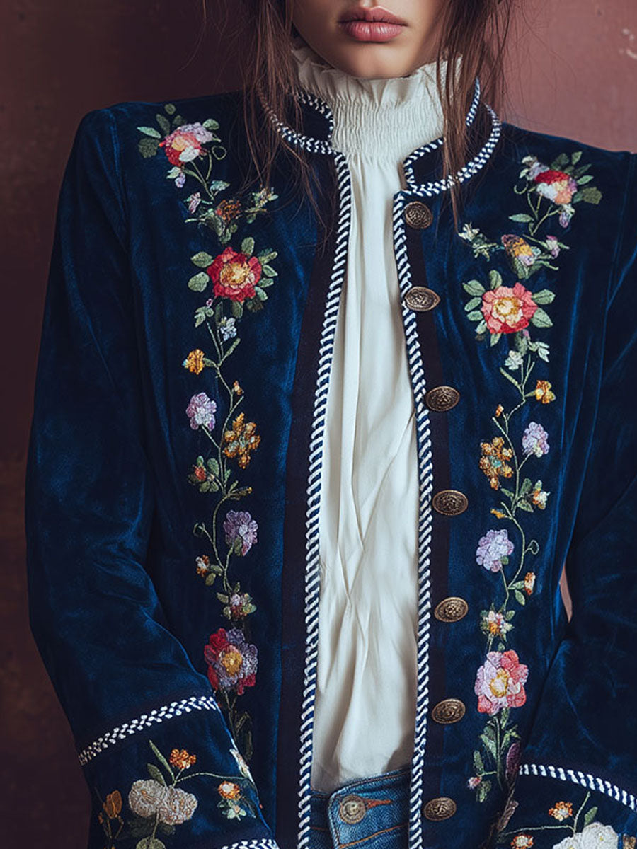 Vintage Floral Boho Embroidered Microsuede Long Jacket