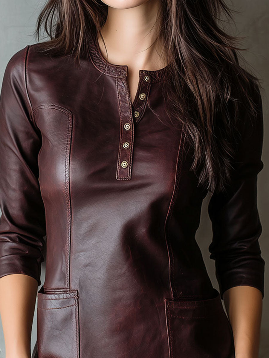 Vintage Burgundy Eco Leather Henley Shirt With Pockets