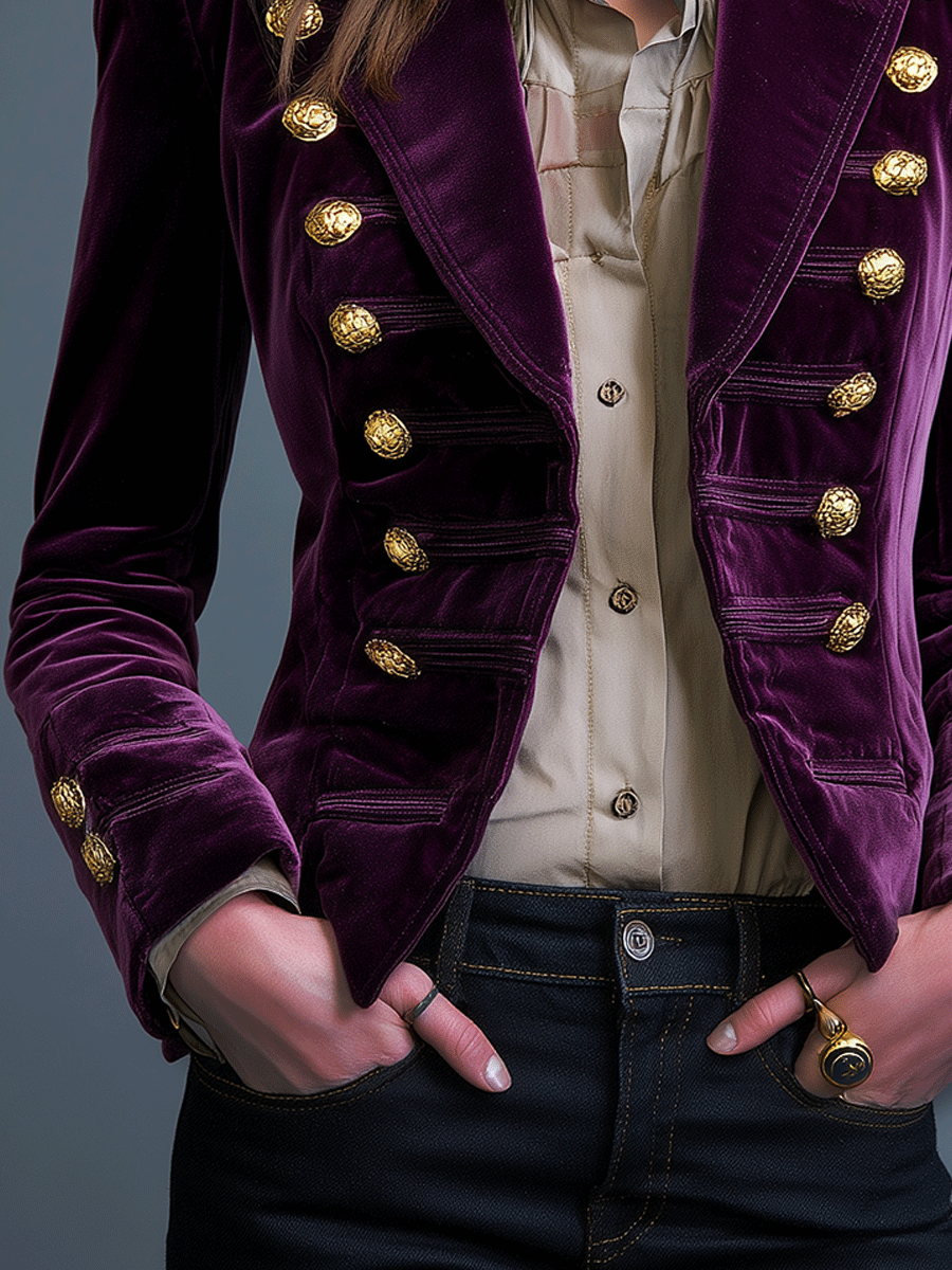 Vintage Deep Purple Velvet Gold Buttons Jacket