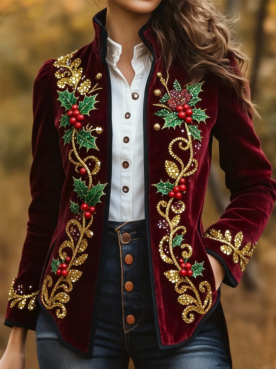 Women's Vintage Western Christmas Embroidered Beads Blazer