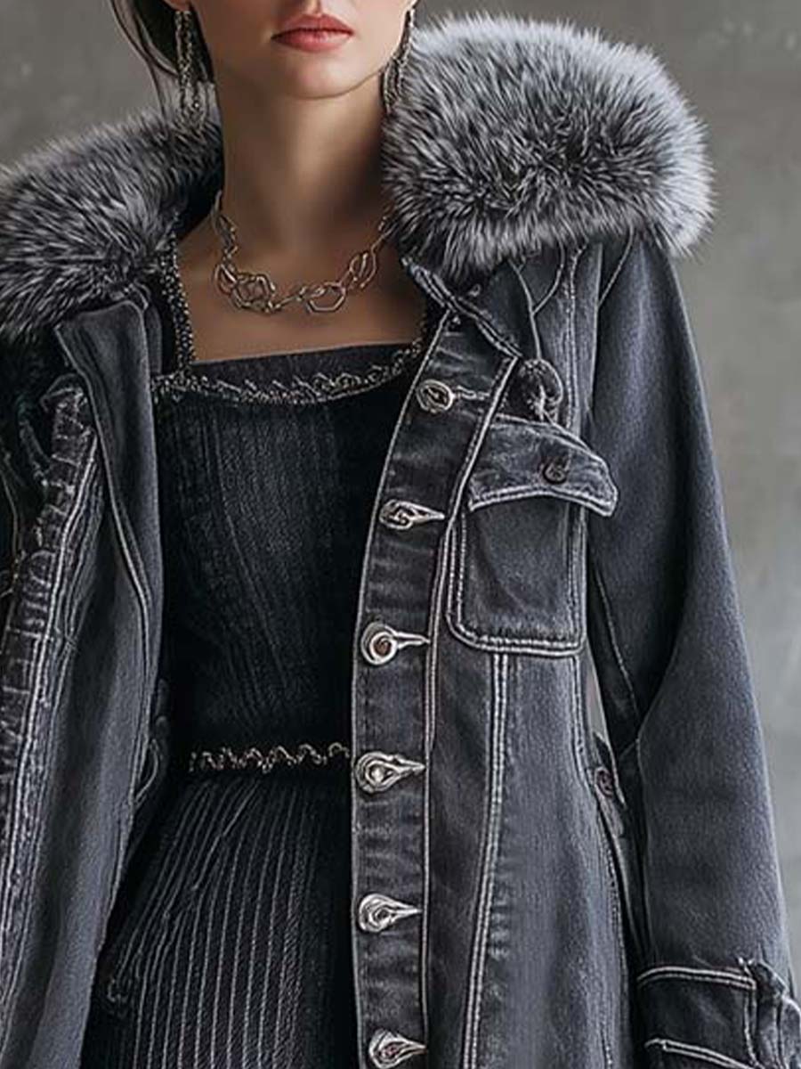 Vintage Washed Grey Denim Coat With Faux Fur Collar
